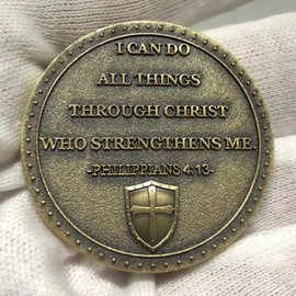 The Task Ahead Christian Challenge Coin Featuring A Fully Armored Warrior and Scripture John 4:4, Bible Verses Pocket Token (Single Coin)