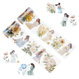 NICENEEDED 2 Rolls Washi Tapes with Flowers Transparent Washi Tape Stickers Made of PET for Scrapbooking Floral Decorative Tape