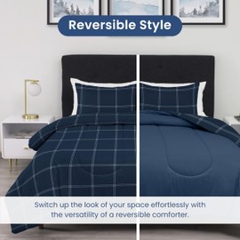 Martex 2-Piece Reversible Comforter Set – Twin Comforter Set – Versatile Room Decor – Lightweight – Durable Bedding Set – Machine Washable – Super Soft – Navy Check