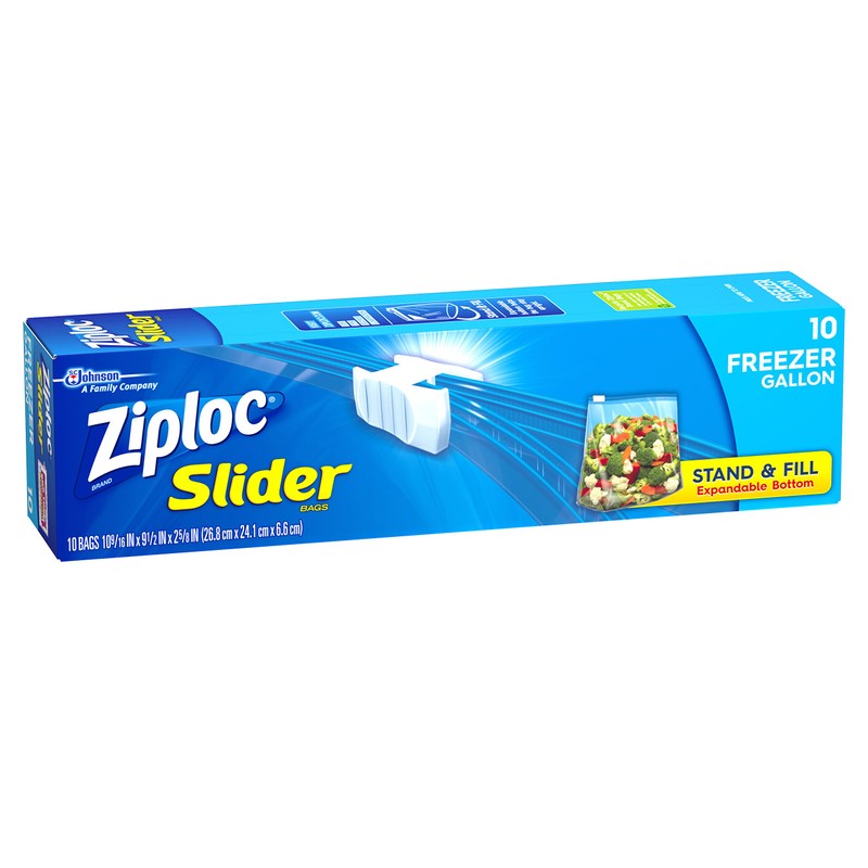 Ziploc Slider Freezer Bags, Stand-and-Fill with Expandable Bottom, Gallon, 10