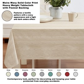Newbridge Vinyl Flannel Backed Tablecloth, 52 x 70 Inch Rectangle, Taupe Moire Wavy Solid Design, Heavyweight Indoor Outdoor Waterproof Table Cover, Easy Care Wipe Clean