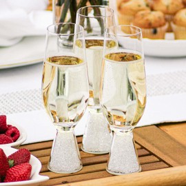 Stemless Crystal-Filled Champagne Flute, Modern & Unique Glass, Ergonomic Grip, For Dining Table Setting, Celebration, Event, Wedding, Silver, Set of 6