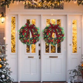 2 Pcs 20 Inch Pre Lit Christmas Wreath for Front Door Outdoor Winter Wreaths with Plaid Bow LED Norfolk Xmas Wreath with Lights Artificial Wreath for Christmas Party Outdoor Decor