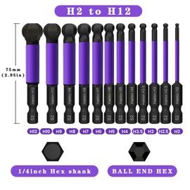 GIONAR 12Pcs Ball End Allen Hex Key Set S2 Steel 1/4” Hex Shank Magnetic, Purple 75mm Hex Bits Set with 1 Mini Double-Ended Socket for Daily Repair, Computer Repair, Workshop Assembly, Car Repair