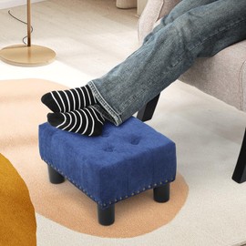Athena Collection Small Ottoman Foot Rest with Legs, Linen Fabric Ottoman Foot Stool with Soft Padded seat, Square Footstool FootRest for Living Room, Bedroom, Office, Blue