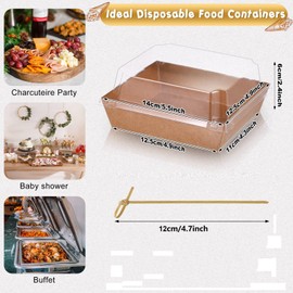 Mumufy 200 Pcs Paper Charcuterie Boxes with Clear Lids, 100 Brown Disposable Food Containers 100 Bamboo Skewers Square Bakery Boxes Cake Containers for Cake Pastry Dessert Cookie Salad Sandwich