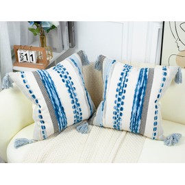 PANOD Chenille Farmhouse Throw Pillow Covers 18 x 18 Blue, Neutral Boucle Couch Pillow Cover, Striped Decorative Boho Coushion Cover Pillow Case for Couch Bed Sofa Bedroom,Modern Accent,Set of 2
