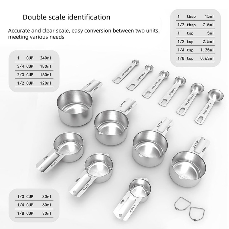 7x Stainless Steel Measuring Cups with 6x Measure Spoons Set,4x