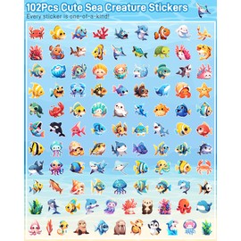 100Pcs Cartoon Ocean Animal Stickers Pack for Kids Teens Adults, Cute Sea Life Waterproof Vinyl Decals Under The Sea Fish Turtle Stickers for Water Bottles, Party Favors Classroom Teacher Rewards