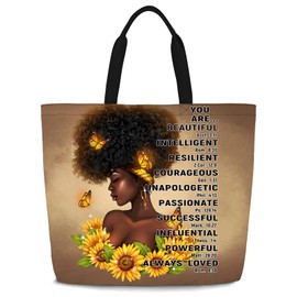 IAGM Women Tote Bags African American Woman Shoulder Bag Afro Black Magic Satchel Handbags For Shopping,Work,Grocery,Gym (Black-sunflower, 19.7 "(L) x 15.7"(H) x 5.9" (W))