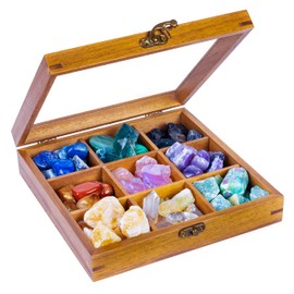 Curawood Crystal Organizer for Stones - Organize Your Crystals & Healing Stones - Crystal Holder for Stones Display - Crystal Storage Box for Stones - Crystal Shelf Rock Display Case with Acrylic Lid