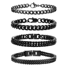 Esmoly Men's Bracelets 4 Pcs Bracelet for Men Silver Gold Black Stainless 316L Steel Bracelet Cuban Chain Gifts for Men Boys 19cm/21cm/23cm (Black 19cm)