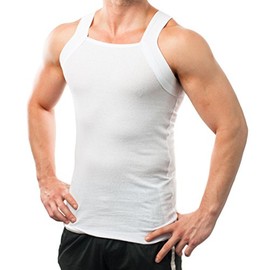 Different Touch Men Cotton Tank Top Square Cut Muscle Rib A-Shirt (L, White)