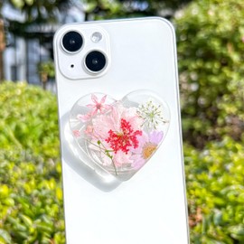 PetitePop Pressed Pink Flowers Phone Grip,Heart Dried Flowers Clear Phone Stand, Expanding Cell Phone Charms Accessory, Interchangeable Kickstand, Collapsible Handle Grip Holder for Kindle