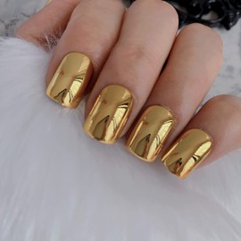IKISKT Gold Metallic Full Cover Fake Press on Nail Short Length Square Punk Mirror Chrome Press on Nails Pure Color Glossy Acrylic Pre-design False Nail Tips for Women Girls Festival Band Party