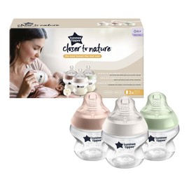 Tommee Tippee Closer to Nature Baby Bottles, Slow-Flow Breast-Like Teat with Anti-Colic Valve, 150ml, Pack of 3, Mixed Colours