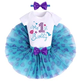 FYMNSI Traje de sirena para el primer segundo tercer cumpleaños para bebé niña, falda tutú, diadema brillante, juego de ropa para tartas, accesorios para fotos, Azul, 1T