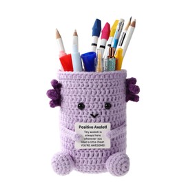 Positive Crocheted Axolotl Pen Holder, Creative Emotional Support Axolotl Crochet Pen Holder with Inspirational Card for Holding Pen Pencil Stationery Makeup Brushes(Purple)