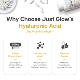 Just Glow Hyaluronic Acid 200mg with Vitamin C and Biotin - 60 Veggie Capsules for Collagen Formation, Immune System Support, Skin & Joint Health - Made in Canada