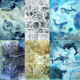 Sea Life Theme Mulberry Rice Paper 20.5 x 26.5 cm - 6 x Assorted Printed Mulberry Paper Images 30gsm Visible Fibers for Decoupage Crafts, Mixed Media, Collage Art