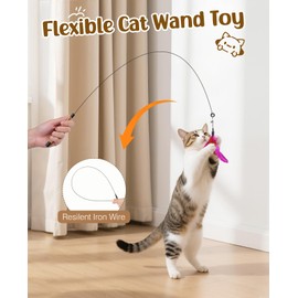 Pawaboo Feather Teaser Cat Toy, Interactive Feather Wand Cats Toy Flying Feathers Cat Catcher with Extra Long 34.5" Wand and Small Bell, Exerciser Playing Toys for Kitten or cats, Rose + Red Brown