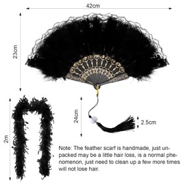 KarnevalsTeufel Feather Boa with Black Feather Fans, Black Feather Boa, Feather Stole Feather Scarf Costume Carnival, Fluffy Turkey Feathers Boa for Carnival, Dance, Wedding Party 20s Charleston