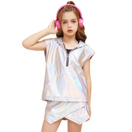 Perfashion Girls Vest Silver Metallic Hoodie Disco Party Kids Sparkly Tops Leather Jackets Rave Outfits Size 8 10