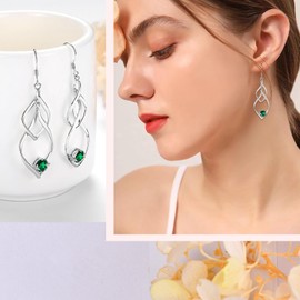 Sterling Silver Drop Earrings for Women - Silver Dangle Earrings Green Cubic Zirconia Long Linear Forever Love Hypoallergenic Earring for Sensitive Ears Anniversary Birthday Christmas Jewellery Gift