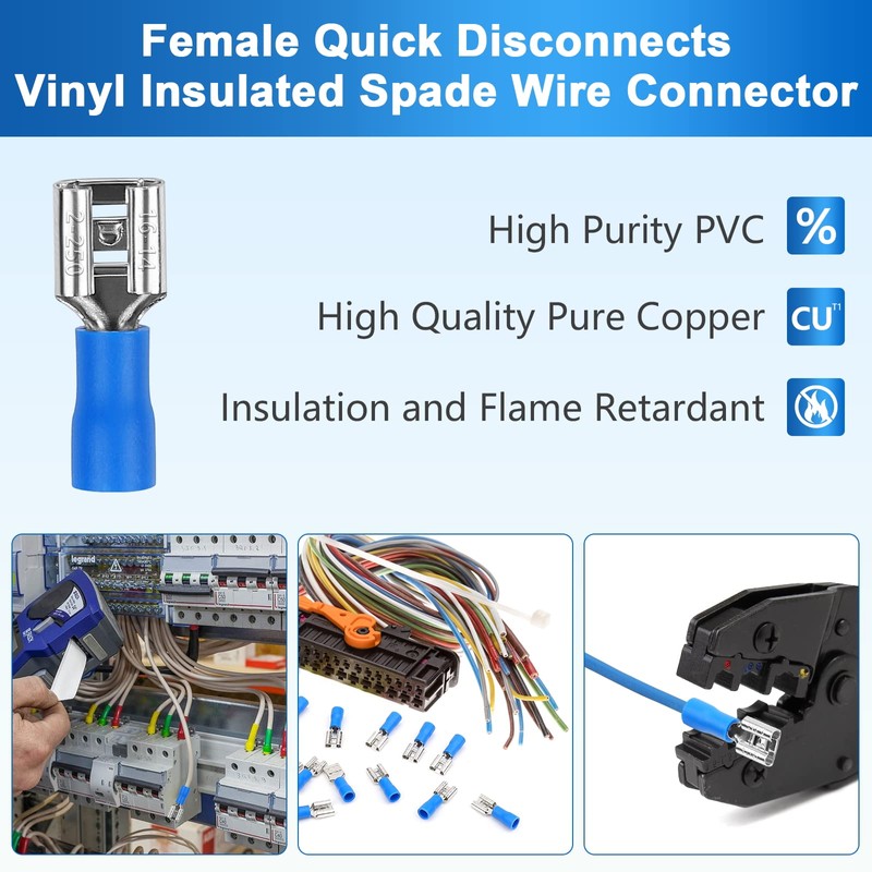 200 Pcs Female and Male Quick disconnects Spade Terminals, Blue