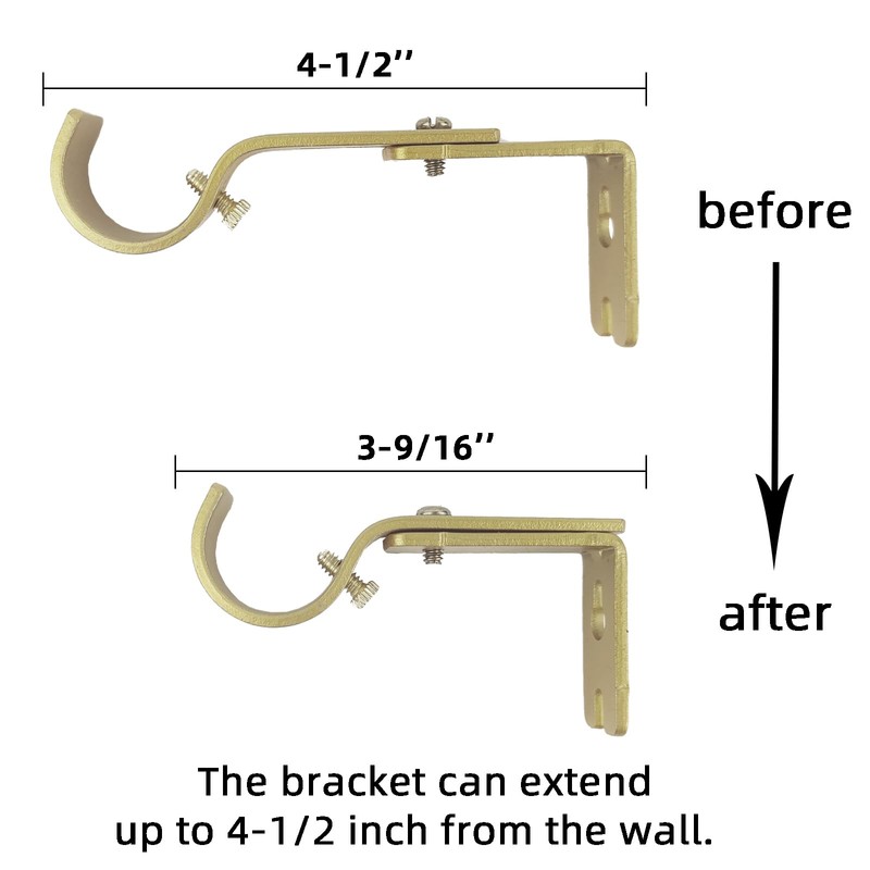 Adjustable Curtain Rod Wall Bracket Hooks, Set of 3, Gold,for