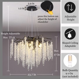 Upfelw Modern Crystal Tree Branch Chandelier, Art Deco Raindrop Indoor Hanging Lighting Fixture for Dining Room Kitchen Island Living Room (Black, D 23.7'')