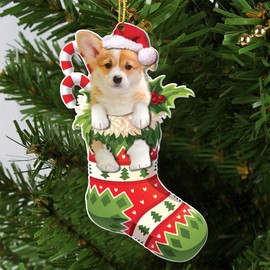 Corgi Dog Acrylic Flat Christmas Ornament - Cute Corgi Puppy in Stocking with Santa Hat - 2024 Corgi Dog Christmas Ornament - Fun and Festive Acrylic Tree Hanging Decoration - 2024 Corgi Dog Ornament