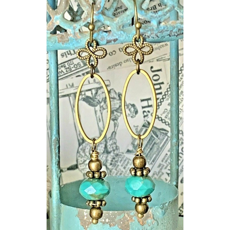 Bronze and Teal Czech Glass Bead Dangle Earrings. Jewelry Earrings
