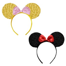 Miki Mini Sequin Bow and Glittering Ears Headband 2 Pieces Assorted Color Set (GdB-BkR)
