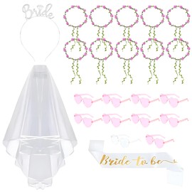 SANLIUSANJIU 24 Piece Hen Party Flower Wreath Hair Set, with Bride Sash, Veil, Tiara, 11Bride Heart Sunglasses, 10 Team Bride Flowers Crown, JGA Bachelorette Party Accessories
