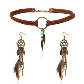 Western Necklace Earrings Set for Women Bohemian Leather Choker Necklace Dream Catcher Long Faux Feather Drop Dangle Earrings Western Jewelry Gifts Outfit Accessories