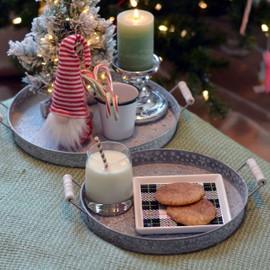 WHW Whole House Worlds Stockbridge 2 Piece Star Studded Circular Tray Set, Zinc, Grey, Wood Handles, 13.5 Inches, Serving, Snacks, Desserts, Plants, Candles, Ottoman