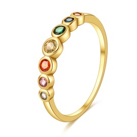 Women’s 925 Sterling Silver Eternity Ring with Colourful Round Rainbow AAA Cubic Zirconia Birthstones and 14K Gold-Plated, for Anniversaries, Sterling Silver 925, Gold