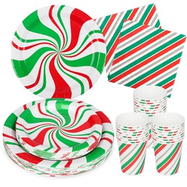 Christmas Peppermint Candy Paper Plates Christmas Cute Candy Cane Party Plates Napkins Cups Set Disposable Tableware Christmas Red and Green Paper Plates for Xmas Holiday Party,Serves 25