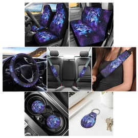 Wanyint Galaxy Wolf Car Seat Covers Full Set, Front Rear Seat Cover with Steering Wheel Covers, Seat Shoulder Straps, Keychain Coaster Universal Seat Protector Car Accessories for Most Cars SUV