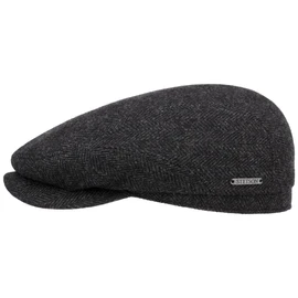 Stetson Belfast Flat Cap - Men's Flat Cap - Peaked Cap with Wool - Herringbone Men's Cap with Inner Lining (Cotton) - Wool Cap Autumn/Winter - Flat Cap, black / grey