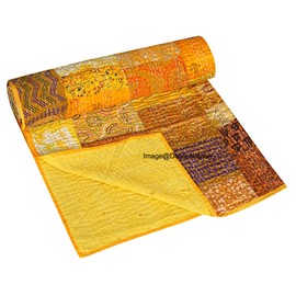 DecorAvenue Patchwork Kantha Quilt,Throw, Handmade Silk Bed Cover,Bedding Bedspread,Vintage Hand Stitch Gudri, Decorative Beach Blanket (Yellow, Baby 40" x 60")
