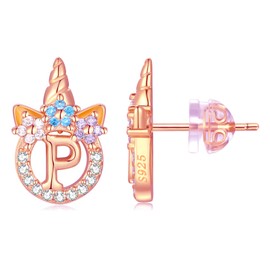 Unicorn Sterling Silver Initial P Earrings for Girls Women - Hypoallergenic 14K Rose Gold Plated Letter Unicorn Earrings for Little Girls Kids Unicorn Gifts