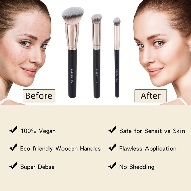 ENERGY 3-in-1 Angled Foundation Brush Flat Top Concealer Brush Set