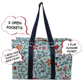 NGIL Zip-Top Tote Bag with Exterior Pockets for Working Women, Teachers, Nurses, and Moms, Design in USA (NGIL Zip-Groovy Nurse-Navy)