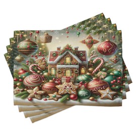 ABAKUHAUS Place Mats, Gingerbread House Christmas, Washable Fabric Dining Room Kitchen Table Decoration Digital Print, Green Brown Dark Pink