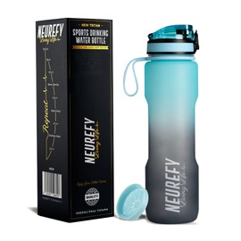 NEUREFY Drinking Bottle 1 Litre Tritan Sky Blue - Leak-Proof, Grip-Resistant, BPA-Free - Sports Bottle with Indicator of Drinking Quantity & Strainer - Gym Bottle, Water Bottle, Outdoor, Office,