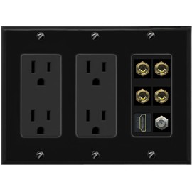RiteAV 4 Port Banana 2 Speaker Binding Post HDMI Coax Wall Plate - 3 Gang 2 Outlet [Black/Black]