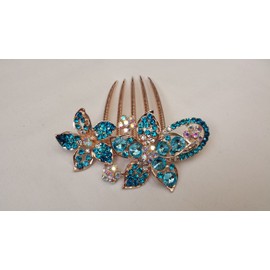 Gorgeous Rosegold-tone Hair Jewelry Flowers Pattern Crystal Rhinestone Hair Pin Hair Barrette Hair Clips Hair Clip Comb -Large - Crystal Blue Color