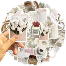 Cute White Aesthetic Pack, 50Pcs Kawaii Aesthetic Waterproof Stickers for Kids Teens Adults, Water Bottle, Laptop, Scrapbook, Journal, Skateboard, Party Supplies